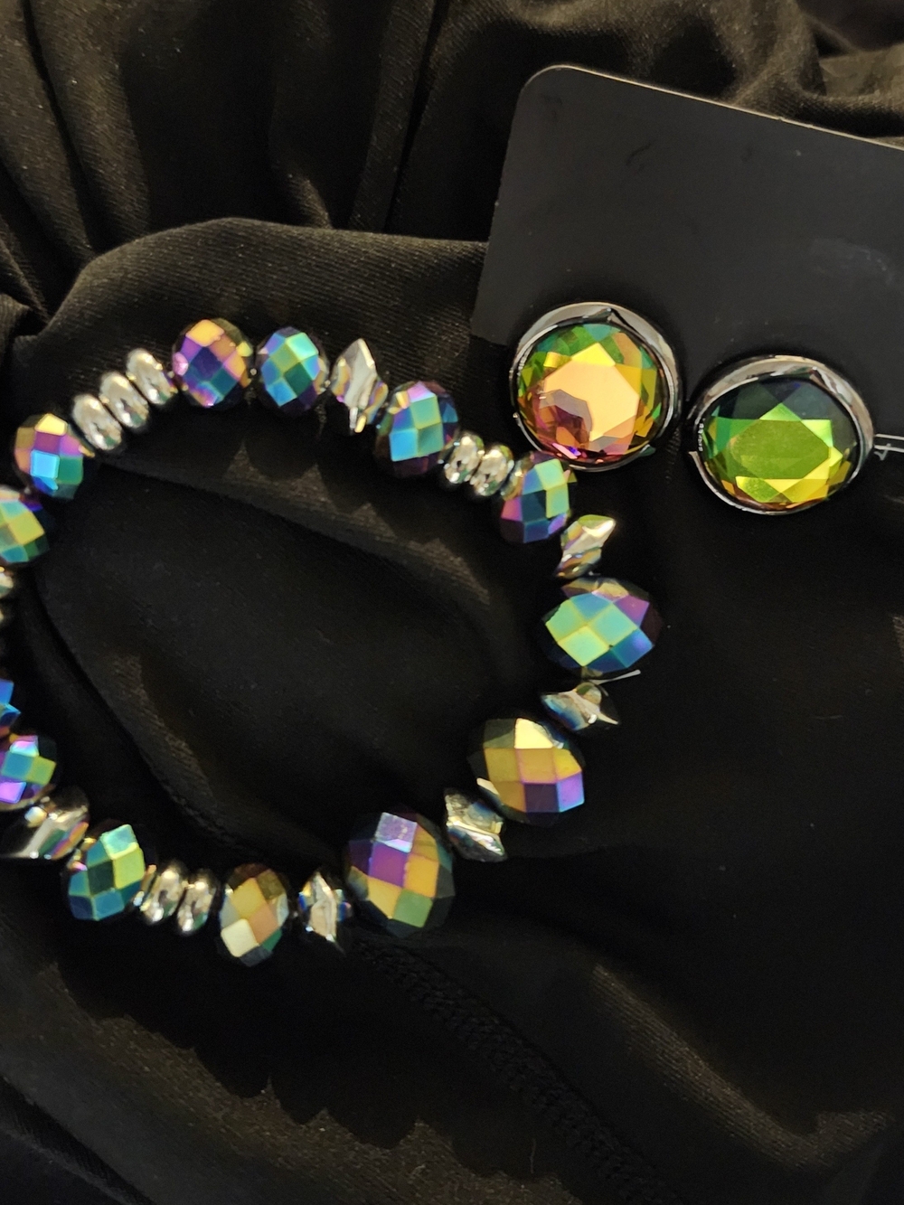 Iridescent Multicolor Crystal Bracelet and Stud Earrings Set